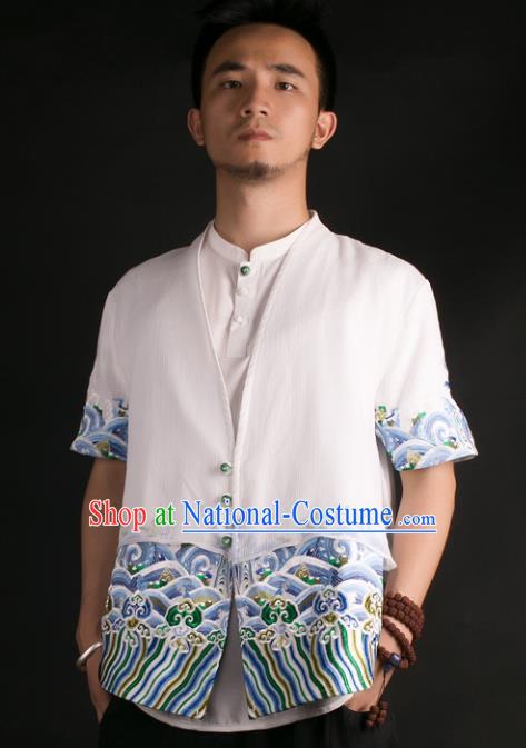 Asian China National Costume Embroidered White Shirt, Traditional Chinese Tang Suit Underwear Clothing for Men