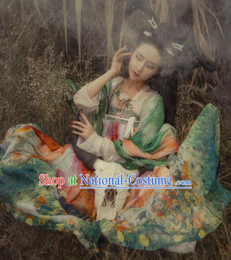 Asian China Tang Dynasty Palace Lady Costume, Traditional Ancient Chinese Imperial Concubine Elegant Hanfu Printing Dress for Women