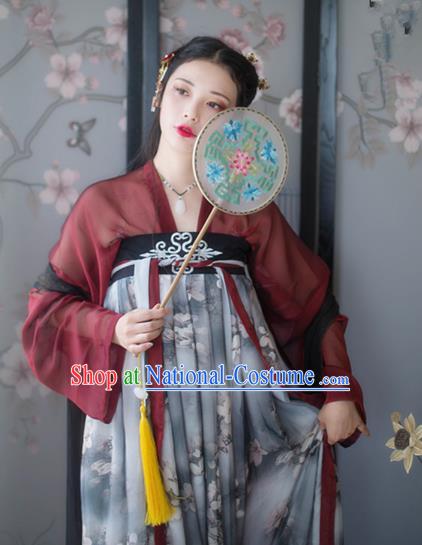 Asian China Tang Dynasty Young Lady Printing Slip Skirt Costume Complete Set, Traditional Ancient Chinese Princess Hanfu Clothing for Women