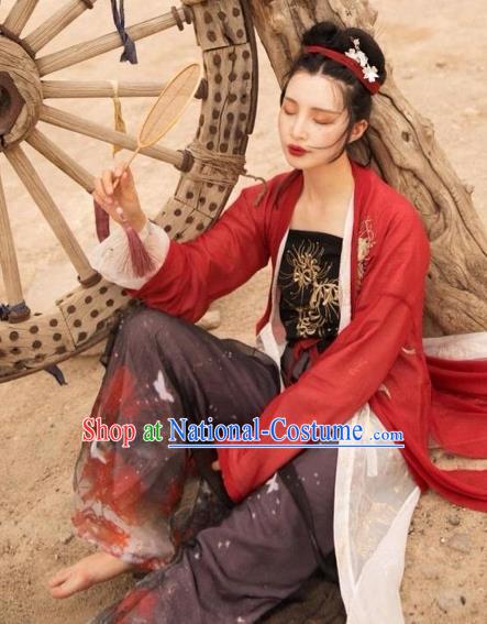 Asian China Song Dynasty Young Lady Costume Embroidered Blouse and Pants Complete Set for Women