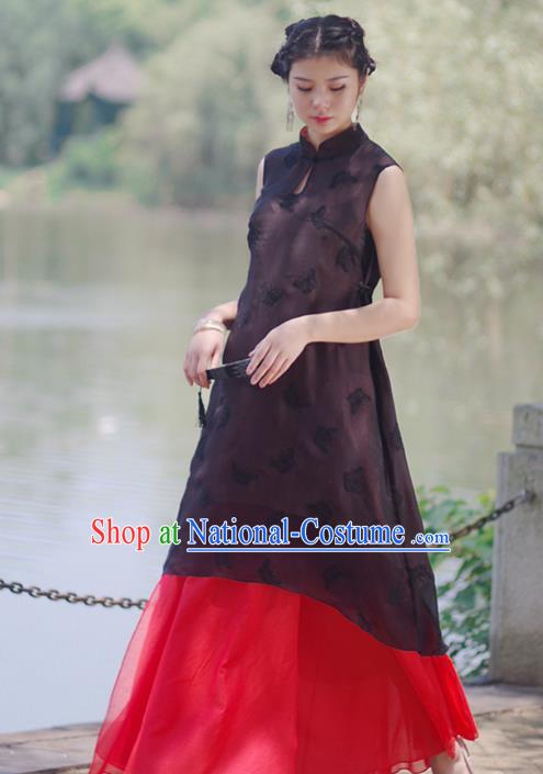 Asian China National Costume Slant Opening Black Silk Hanfu Qipao Dress, Traditional Chinese Tang Suit Cheongsam Clothing for Women