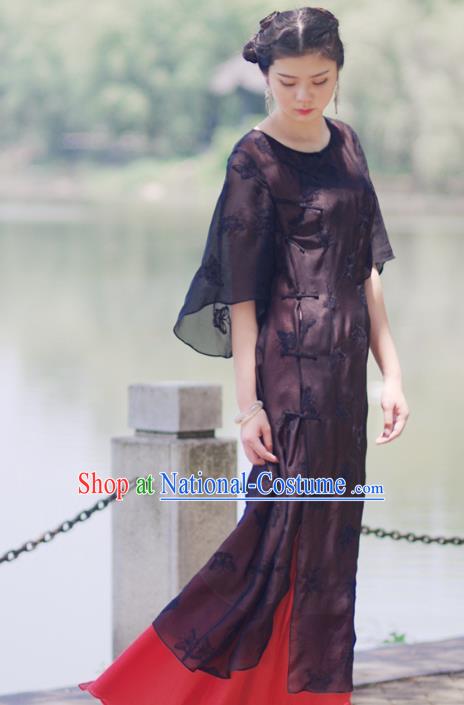 Asian China National Costume Slant Opening Black Silk Hanfu Qipao Dress, Traditional Chinese Tang Suit Plated Buttons Cheongsam Clothing for Women