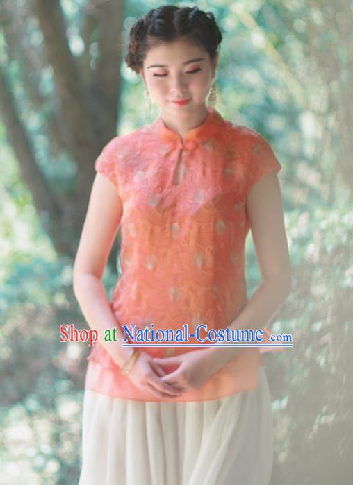 Asian China National Costume Orange Silk Hanfu Embroidered Qipao Shirts Upper Outer Garment, Traditional Chinese Tang Suit Cheongsam Blouse Clothing for Women