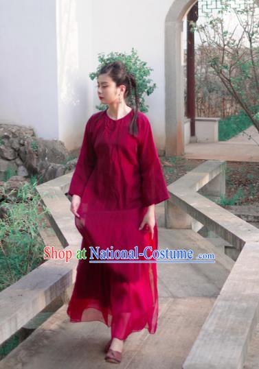 Asian China National Costume Red Linen Hanfu Qipao Dress, Traditional Chinese Tang Suit Cheongsam Clothing for Women