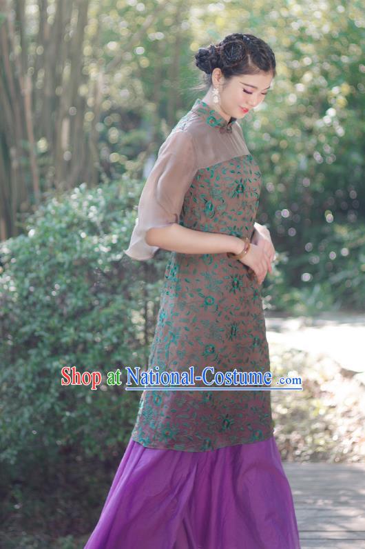 Asian China National Costume Hanfu Printing Silk Qipao Dress, Traditional Chinese Tang Suit Cheongsam Clothing for Women