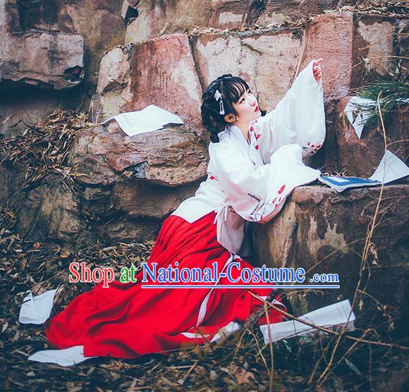 Asian China Ming Dynasty Young Lady Embroidered Blouse and Skirt, Traditional Ancient Chinese Princess Elegant Hanfu Clothing for Women