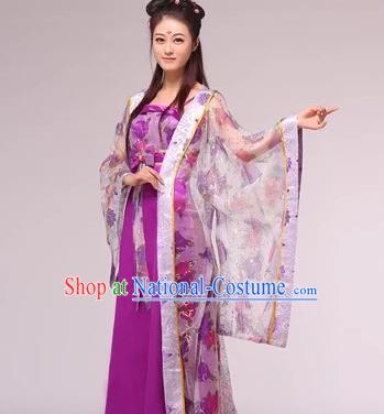 Asian China Ancient Tang Dynasty Imperial Consort Fairy Costume, Traditional Chinese Empress Embroidered Purple Tailing Dress Clothing for Women