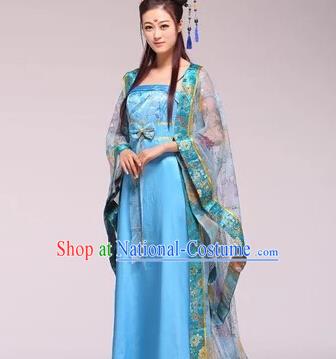 Asian China Ancient Tang Dynasty Imperial Consort Fairy Costume, Traditional Chinese Empress Embroidered Blue Tailing Dress Clothing for Women