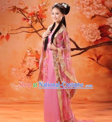 Asian China Ancient Tang Dynasty Imperial Consort Fairy Costume, Traditional Chinese Empress Embroidered Pink Tailing Dress Clothing for Women