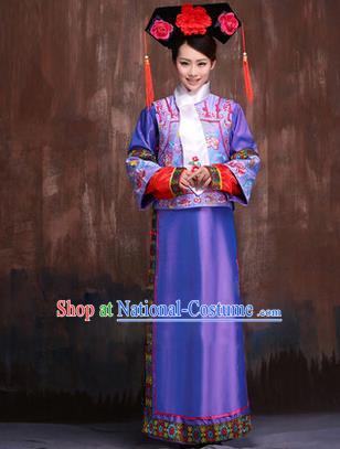 Traditional Ancient Chinese Imperial Consort Costume, Chinese Qing Dynasty Manchu Lady Purple Dress Embroidered Clothing for Women