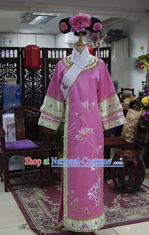 Traditional Ancient Chinese Imperial Consort Costume, Chinese Qing Dynasty Manchu Lady Embroidered Pink Dress Clothing for Women