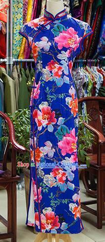 Traditional Ancient Chinese Republic of China Cheongsam, Asian Chinese Chirpaur Printing Flowers Blue Qipao Dress Clothing for Women