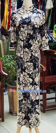 Traditional Ancient Chinese Republic of China Cheongsam, Asian Chinese Chirpaur Printing Flowers Black Qipao Dress Clothing for Women