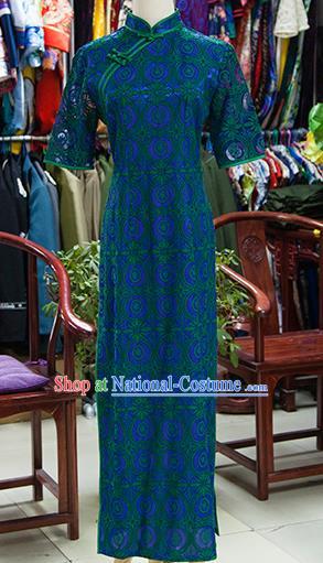 Traditional Ancient Chinese Republic of China Peacock Green Cheongsam, Asian Chinese Chirpaur Printing Qipao Dress Clothing for Women