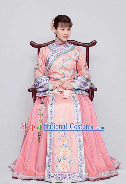 Traditional Ancient Chinese Republic of China Nobility Lady Costume, Asian Chinese Late Qing Dynasty Embroidered Pink Xiuhe Suit Clothing for Women