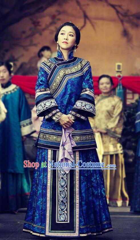 Traditional Ancient Chinese Republic of China Young Mistress Blue Costume, Asian Chinese Late Qing Dynasty Embroidered Xiuhe Suit Clothing for Women