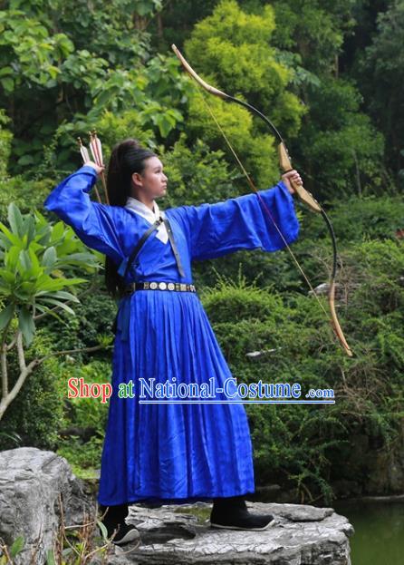 Traditional Ancient Chinese Swordsman Costume Embroidered Blue Robe, Elegant Hanfu Clothing Chinese Ming Dynasty Kawaler Clothing for Men