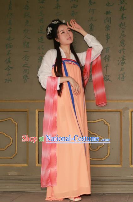 Traditional Ancient Chinese Imperial Princess Hanfu Costume, Asian China Tang Dynasty Palace Lady Orange Dress Clothing for Women