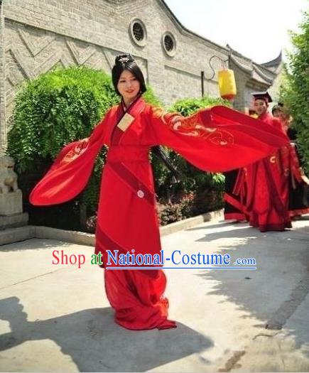 Traditional Chinese Ancient Palace Lady Wedding Costume Complete Set, Asian China Han Dynasty Princess Red Curve Bottom Clothing for Women