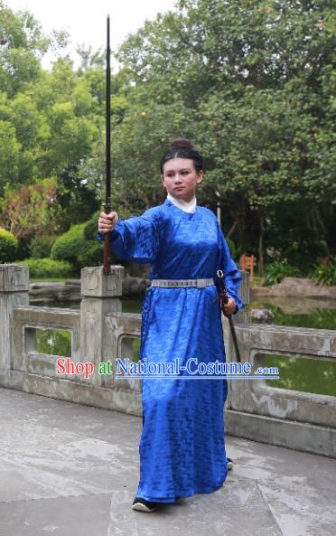 Traditional Ancient Chinese Scholar Hanfu Costume, Asian China Song Dynasty Swordsman Blue Robe Clothing for Men