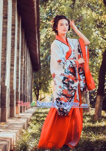 Traditional Chinese Ancient Palace Lady Printing Wintersweet Costume Curve Bottom, Asian China Han Dynasty Imperial Concubine Hanfu Dress Clothing for Women