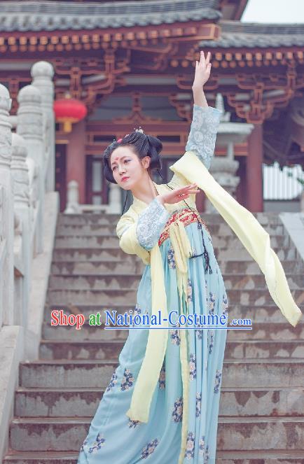 Traditional Chinese Ancient Costume Palace Lady Printing Blue Slip Skirt, Asian China Tang Dynasty Imperial Princess Hanfu Dress Clothing for Women