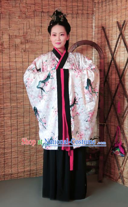 Traditional Chinese Ancient Young Lady Costume Printing Pink Curve Bottom, Asian China Han Dynasty Imperial Concubine Hanfu Clothing for Women