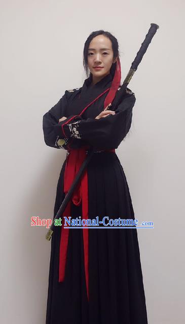 Traditional Ancient Chinese Swordsman Hanfu Costume Embroidered Black Robe, Asian China Tang Dynasty Imperial Guards Clothing for Women