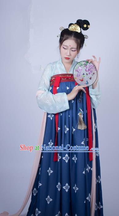 Traditional Chinese Ancient Costume Palace Lady Embroidered Blue Slip Skirt, Asian China Tang Dynasty Imperial Princess Hanfu Clothing for Women