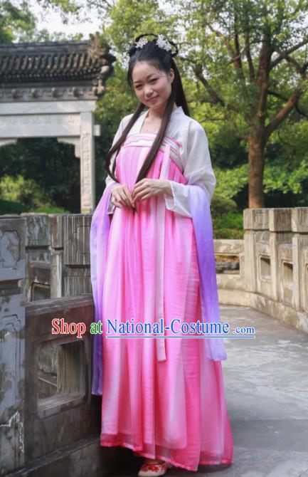 Traditional Ancient Chinese Princess Hanfu Costume, Asian China Tang Dynasty Palace Lady Rosy Dress Clothing for Women