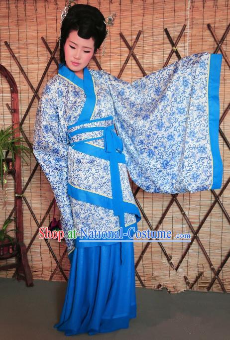 Traditional Chinese Ancient Young Lady Printing Costume Blue Curve Bottom, Asian China Han Dynasty Imperial Concubine Hanfu Clothing for Women