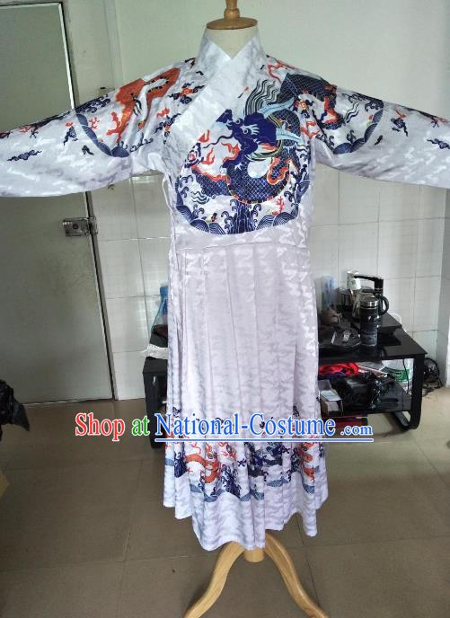 Traditional Ancient Chinese Swordsman Hanfu Costume White Embroidered Robe, Asian China Ming Dynasty Emperor Clothing for Men