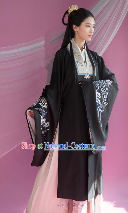 Traditional Ancient Chinese Palace Lady Hanfu Costume Black Embroidered Cloak, Asian China Ming Dynasty Princess Cardigan Clothing for Women