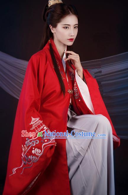 Traditional Ancient Chinese Palace Lady Hanfu Costume Red Embroidered Cloak, Asian China Ming Dynasty Princess Cardigan Clothing for Women