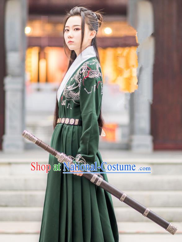 Traditional Ancient Chinese Swordsman Hanfu Costume Embroidered Green Long Robe, Asian China Ming Dynasty Imperial Guards Clothing for Men