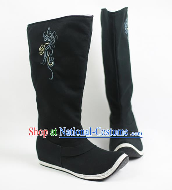 Traditional Ancient Chinese Hanfu Black Embroidered Boots, Asian China Tang Dynasty Minister Shoes for Men