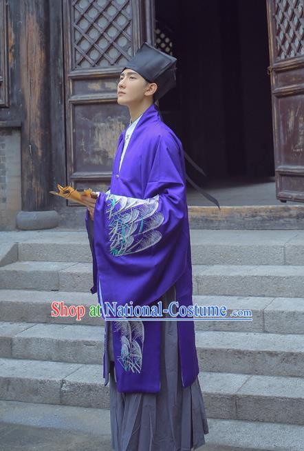 Traditional Ancient Chinese Hanfu Embroidered Purple Cloak Costume, Asian China Han Dynasty Imperial Prince Cardigan Clothing for Men