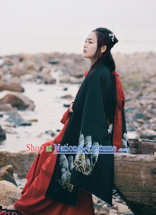 Traditional Ancient Chinese Hanfu Embroidered Black Cloak Costume, Asian China Han Dynasty Imperial Prince Cardigan Clothing for Men