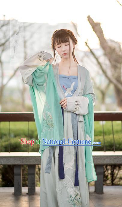 Traditional Ancient Chinese Young Lady Embroidered Green Costume Complete Set, Asian China Tang Dynasty Princess Hanfu Clothing for Women