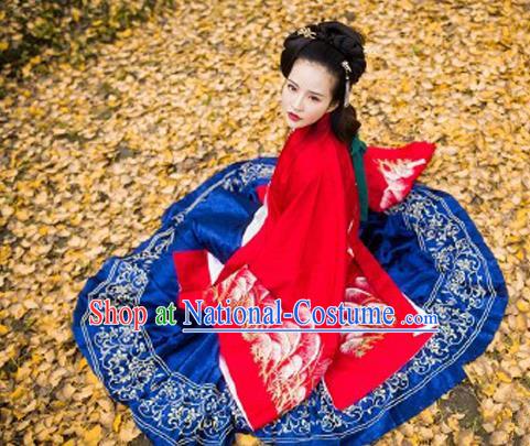 Traditional Ancient Chinese Palace Lady Hanfu Costume Red Embroidered Cloak and Skirt, Asian China Ming Dynasty Empress Clothing for Women