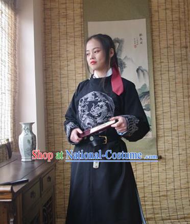 Traditional Ancient Chinese Swordsman Hanfu Costume Embroidered Black Robe, Asian China Tang Dynasty Imperial Guards Clothing for Women