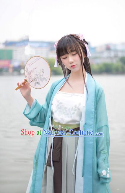 Traditional Chinese Song Dynasty Palace Lady Hanfu Costume Blue BeiZi, Asian China Ancient Princess Dress Embroidered Clothing for Women