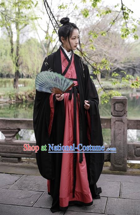 Traditional Ancient Chinese Swordsman Hanfu Costume Embroidered Black Cloak and Robe, Asian China Han Dynasty Scholar Clothing for Men