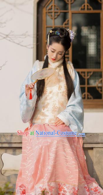 Traditional Chinese Ancient Costume Palace Lady Embroidered Pink Vest Blouse and Slip Skirt, Asian China Ming Dynasty Princess Hanfu Clothing for Women