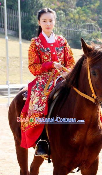 Traditional Ancient Chinese Swordsman Hanfu Costume Embroidered Red Robe, Asian China Ming Dynasty Imperial Guards Clothing for Women