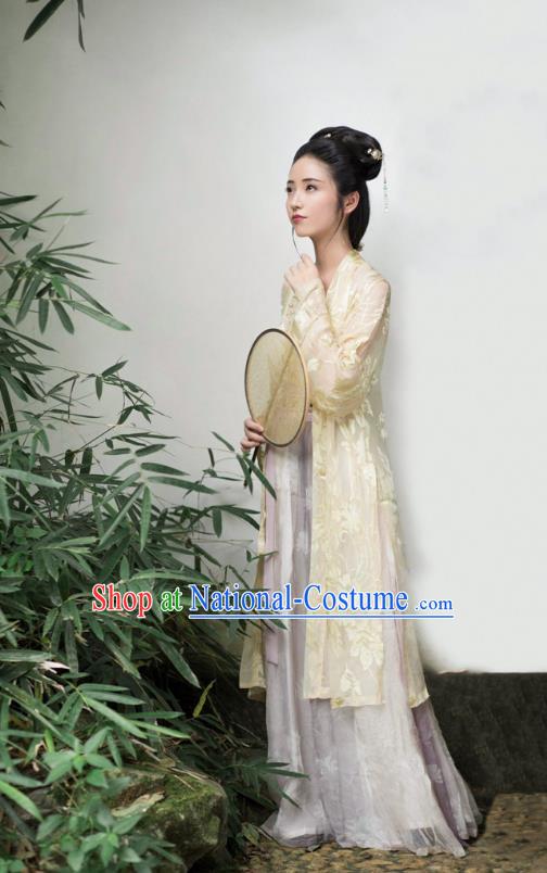 Traditional Chinese Ancient Costume Palace Lady Embroidered Yellow BeiZi and Skirt, Asian China Song Dynasty Imperial Princess Hanfu Dress Clothing for Women