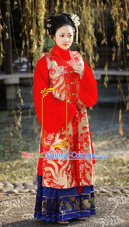 Traditional Chinese Ancient Costume Imperial Concubine Embroidered Red Vest Blouse and Skirt, Asian China Ming Dynasty Palace Lady Clothing for Women