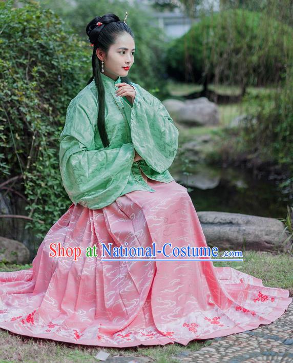 Traditional Chinese Ancient Costume Princess Embroidered Green Blouse and Skirt, Asian China Ming Dynasty Nobility Lady Hanfu Clothing for Women