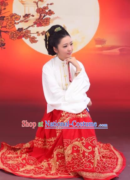 Traditional Chinese Ancient Costume Princess Embroidered Blouse and Red Skirt Complete Set, Asian China Ming Dynasty Hanfu Clothing for Women