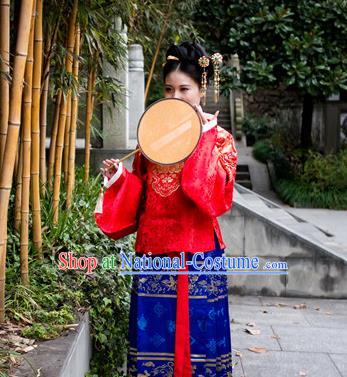 Traditional Chinese Ancient Costume Princess Embroidered Red Blouse and Skirt Complete Set, Asian China Ming Dynasty Hanfu Clothing for Women